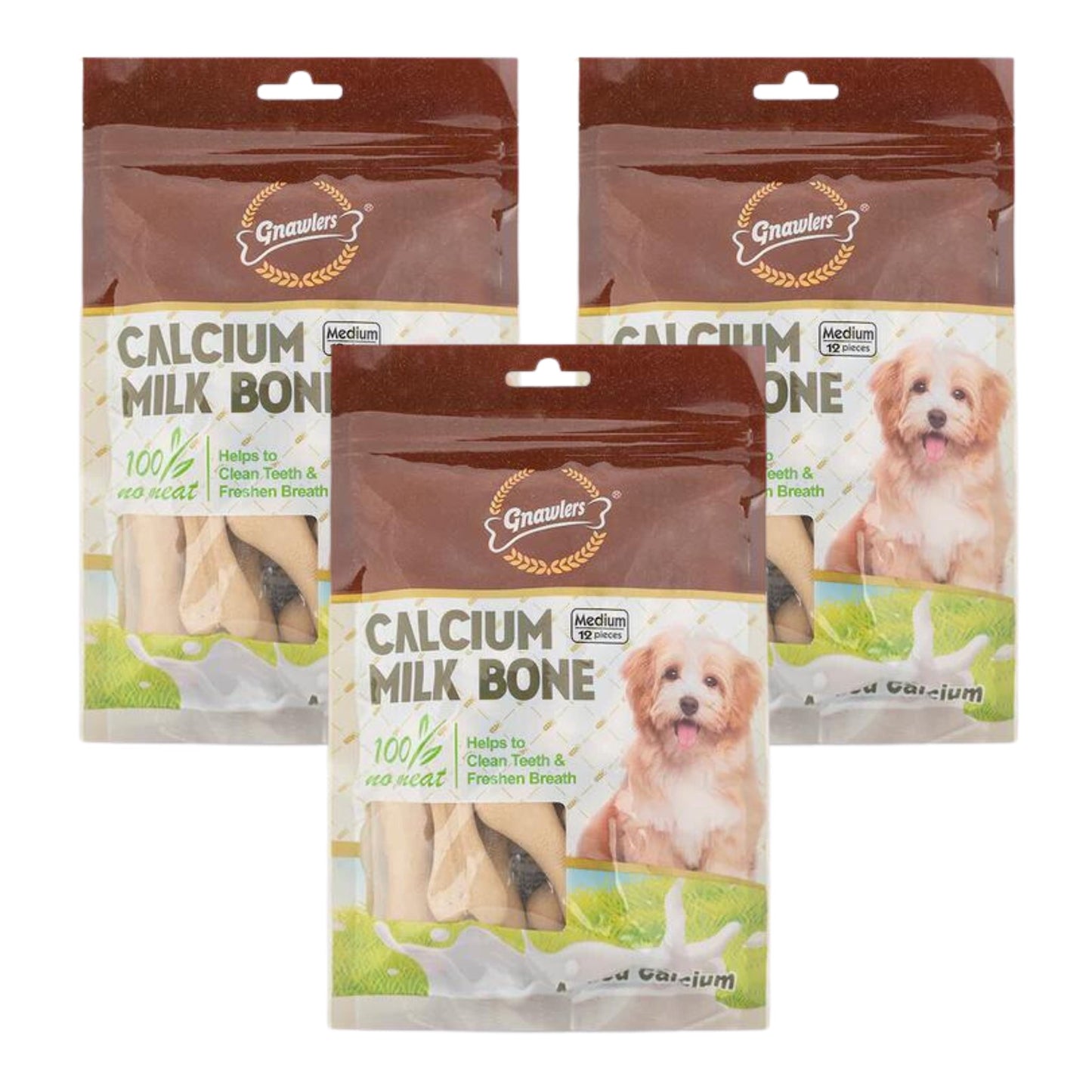 Gnawlers Calcium Milk Bones Dog Treats 12Pcs (Medium), Pack of 3