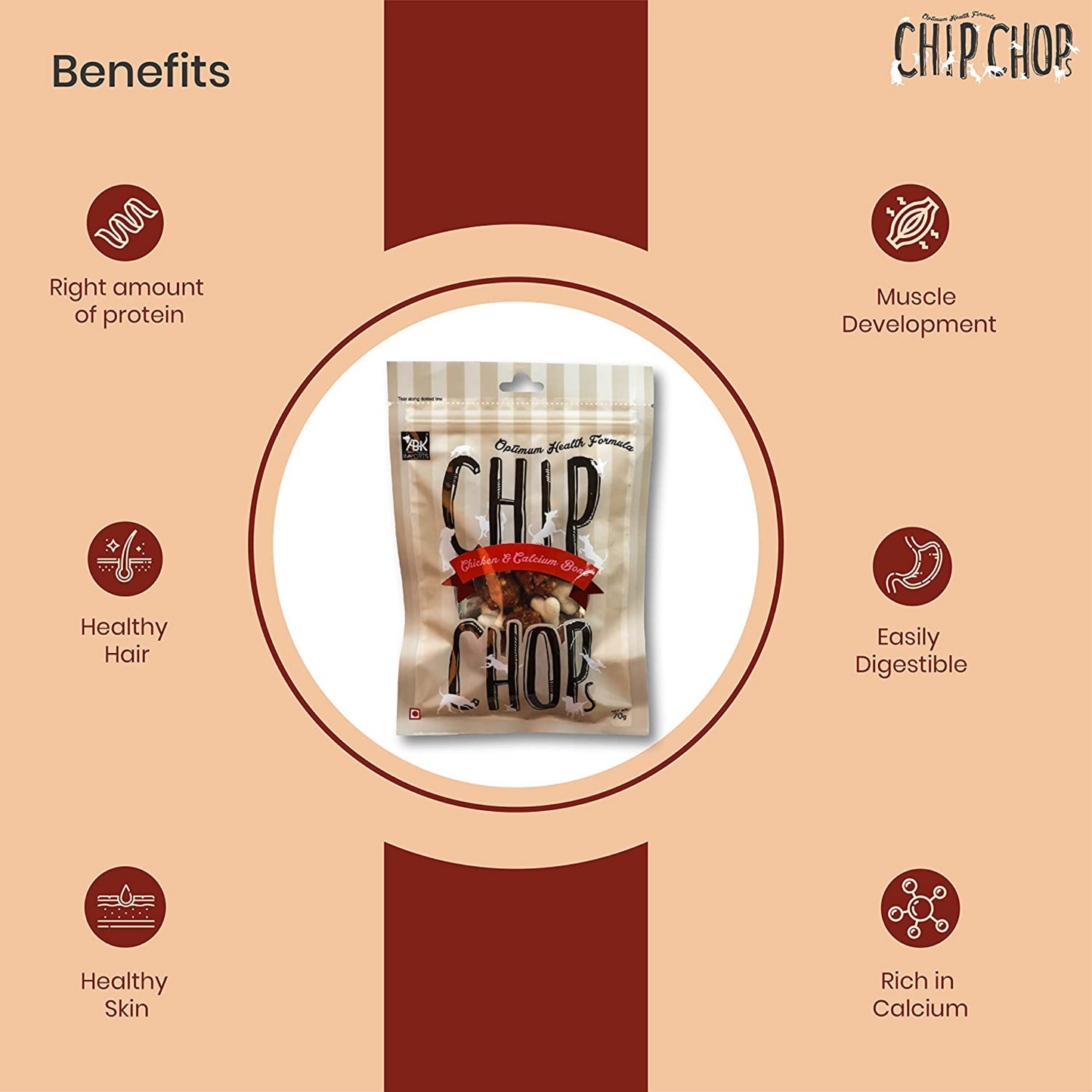 Chip Chops Dog Treats - Chicken & Calcium Bone (70gm, Pack of 6)