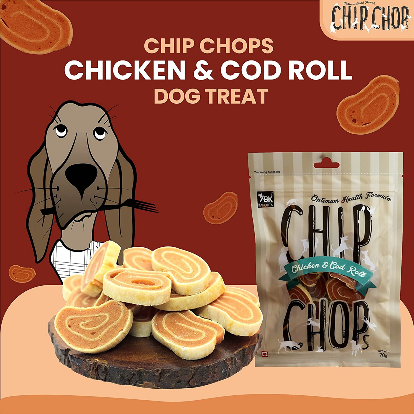 Chip Chops Dog Treats - Chicken & Codfish Roll (70gm, Pack of 6)