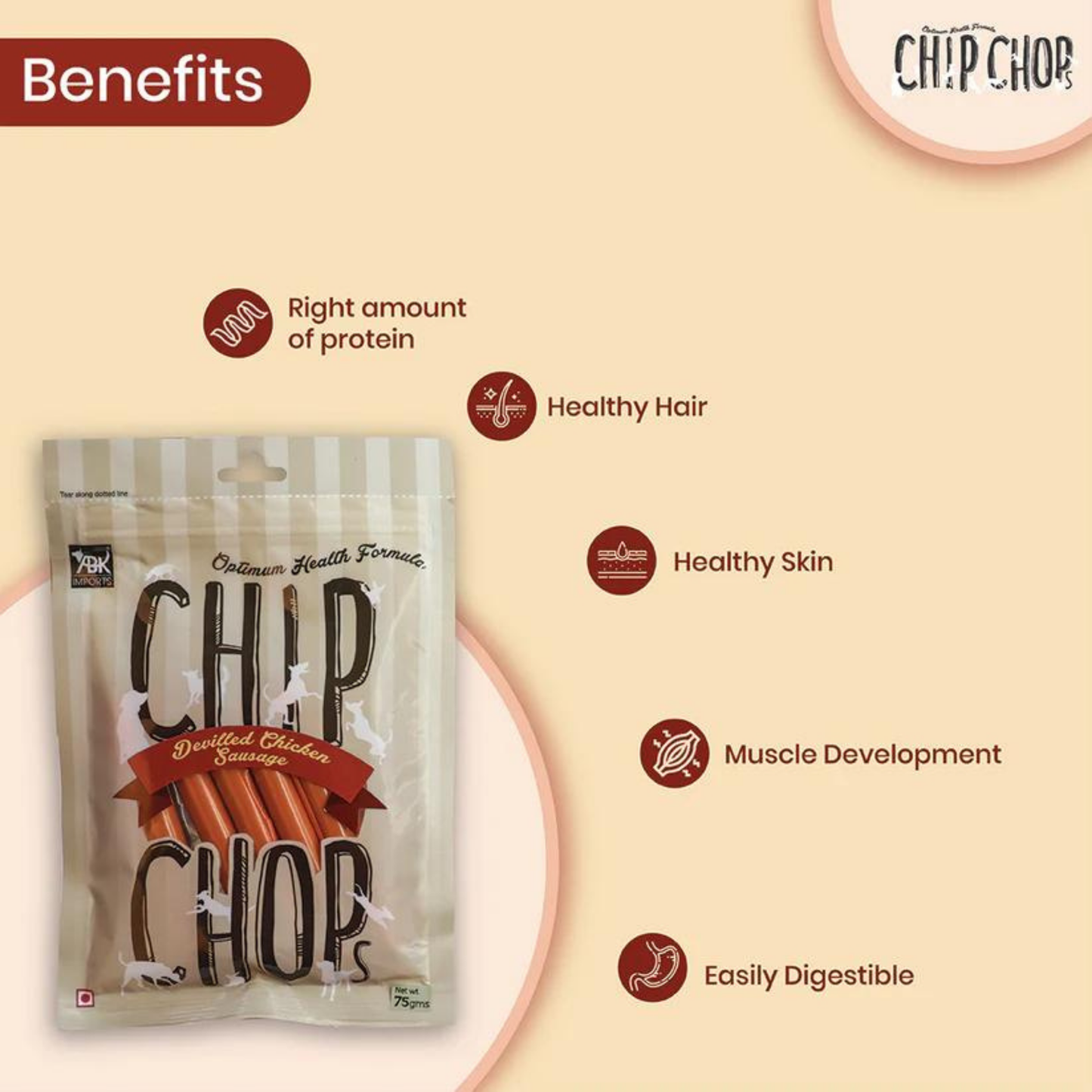 Chip Chops Dog Treats - Devilled Chicken Sausage (70gm, Pack of 6)