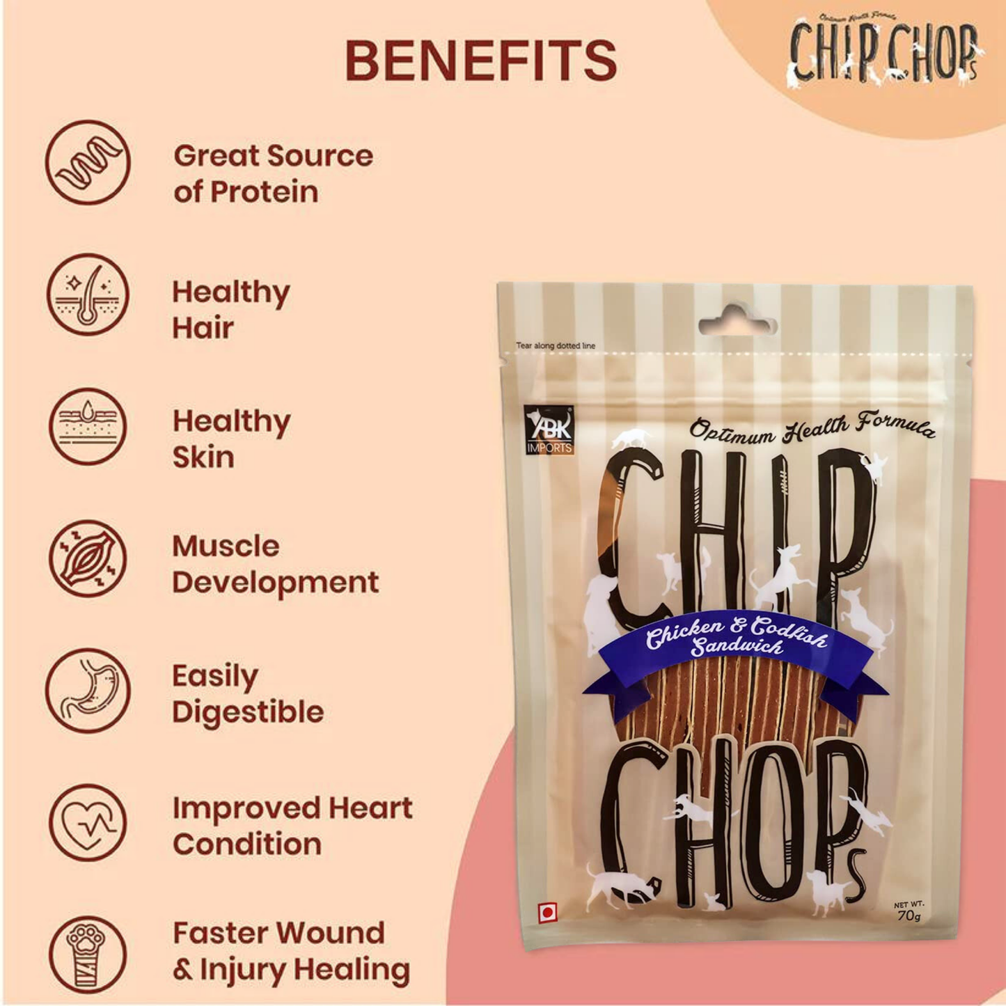 Chip Chops Dog Treats - Chicken & Codfish Sandwich (70gm, Pack of 6)