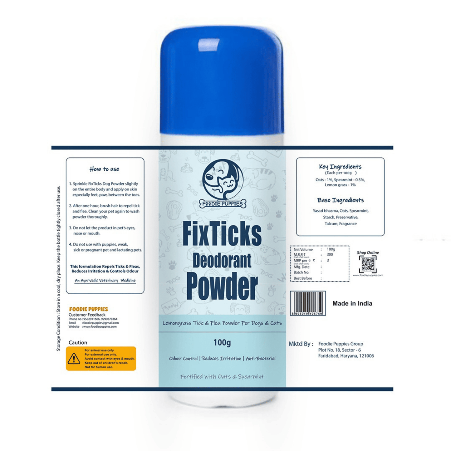 Fixticks Pet Deodorant Powder for Dogs and Cats - 100gm