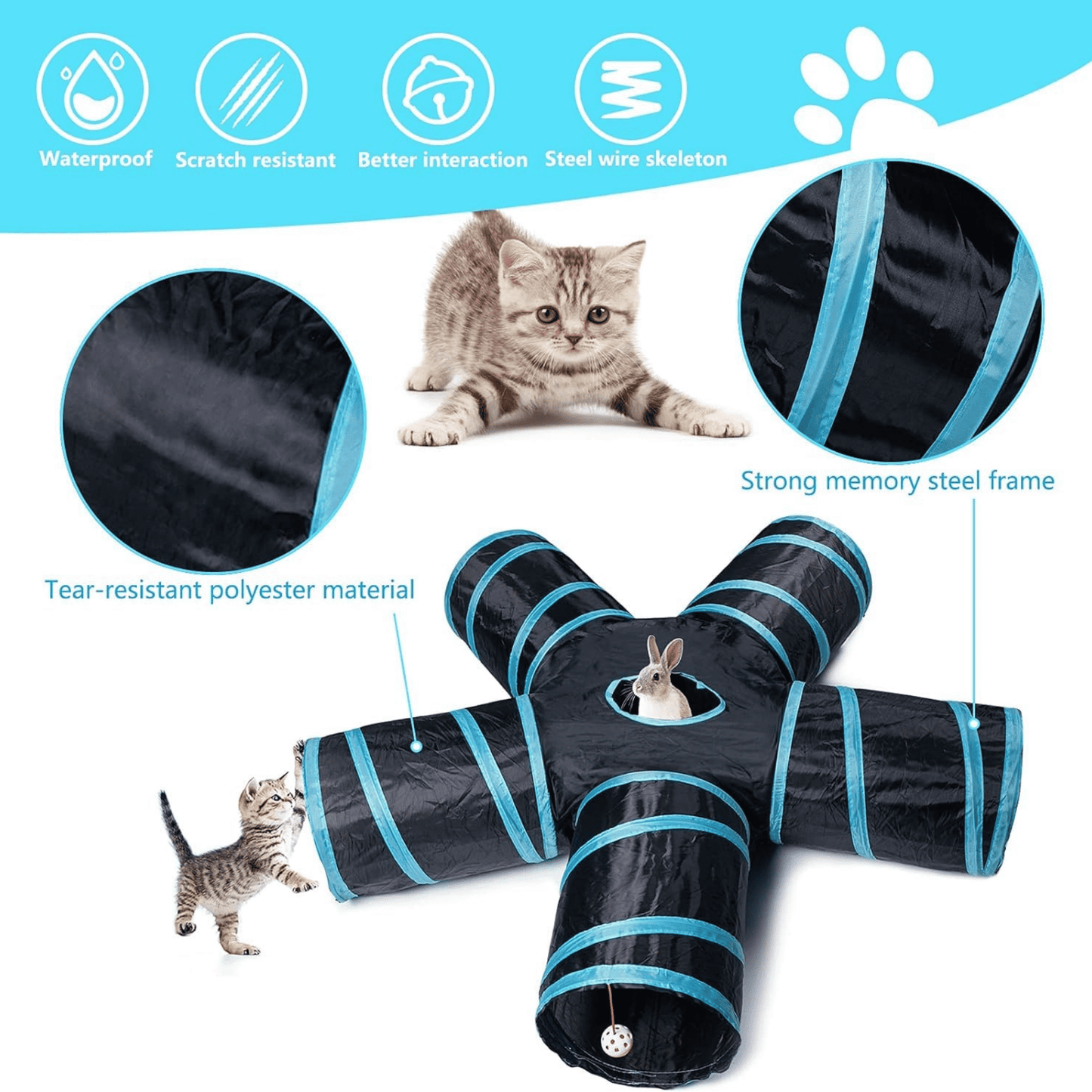 Foldable 5-Way Cat Straight Tunnel for Cats & Kittens