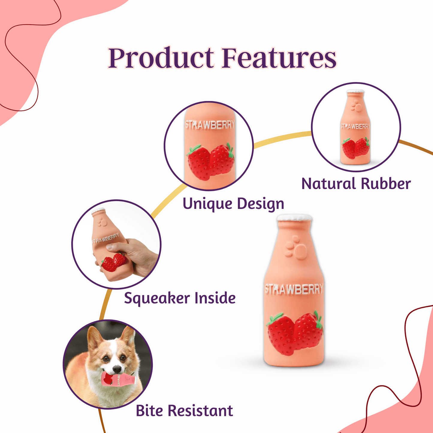 Natural Latex Squeaky Play Drink Chew Toy - Strawberry Juice