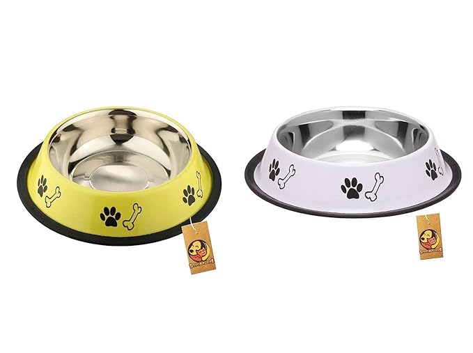 Printed Steel Bowl Combo for Pets - 450ml (White & Yellow)